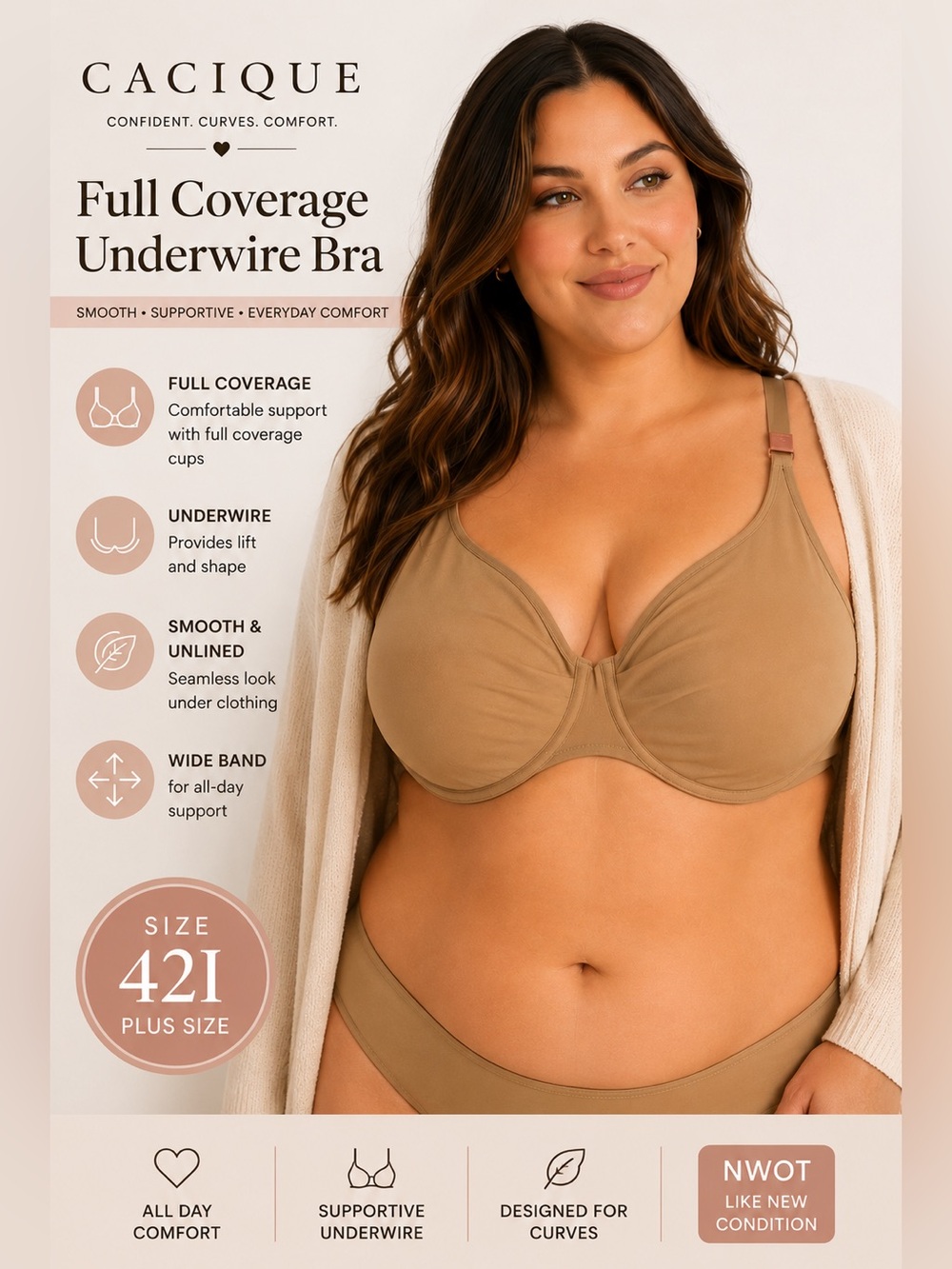 Cacique Full Coverage Underwire Bra 42I Nude Beige Smooth Unlined NWT Plus Size